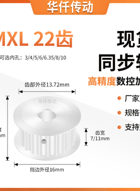 同步带轮MXL22齿AF型齿宽7/11内孔3/4/5/6/6.35/8隔日达同步轮MXL