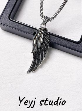 小众复古天使羽毛翅膀吊坠项链男款潮流百搭钛钢嘻哈高街卫衣项链