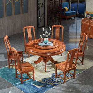 红木餐台实木圆形餐桌椅组合刺猬紫檀圆桌