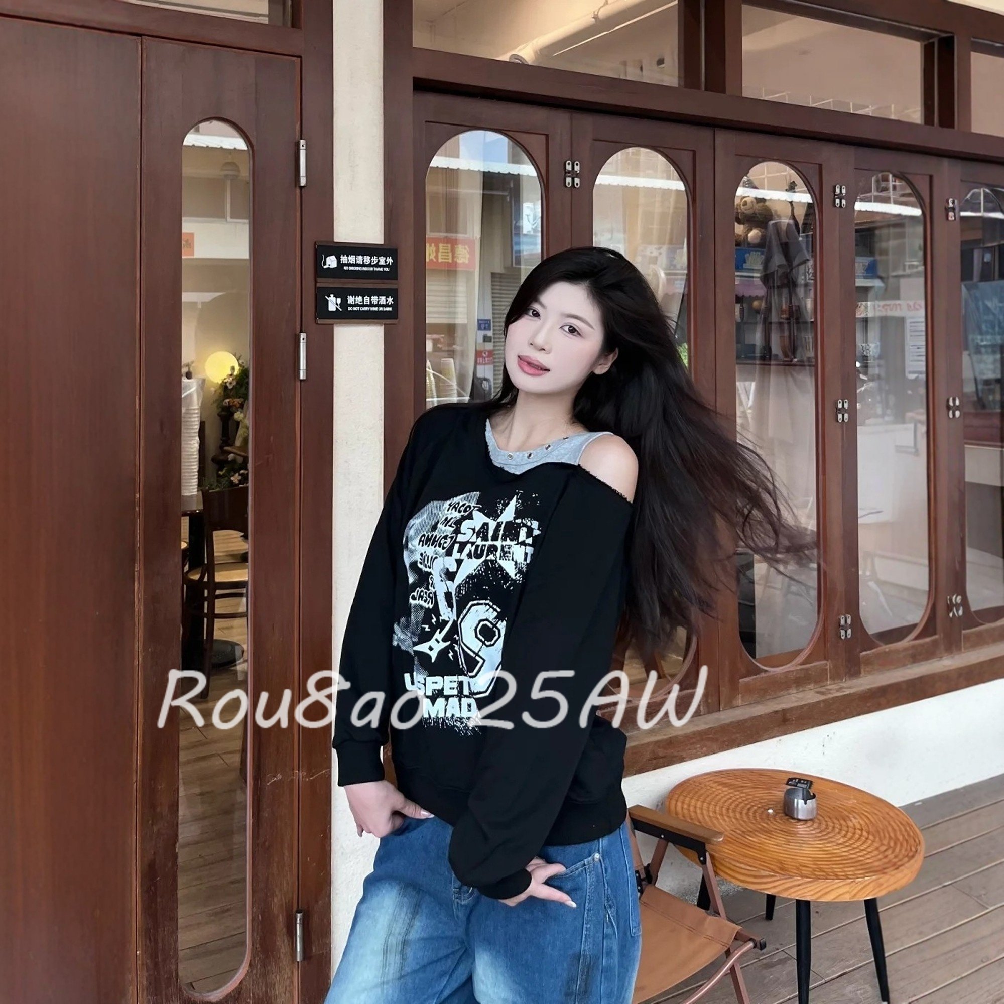 Rou8ao微胖大码女装美式辣妹风露肩假两件卫衣女2026春新宽松上衣,女装/女士精品,大码内搭,淘宝优惠券,粉丝福利购,淘宝优惠卷