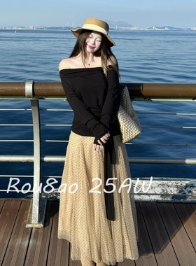 Rou8ao微胖大码女装法式黑色一字肩上衣欧根纱波点网纱半身裙套装