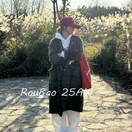 加棉加厚牛角扣格子毛呢外套