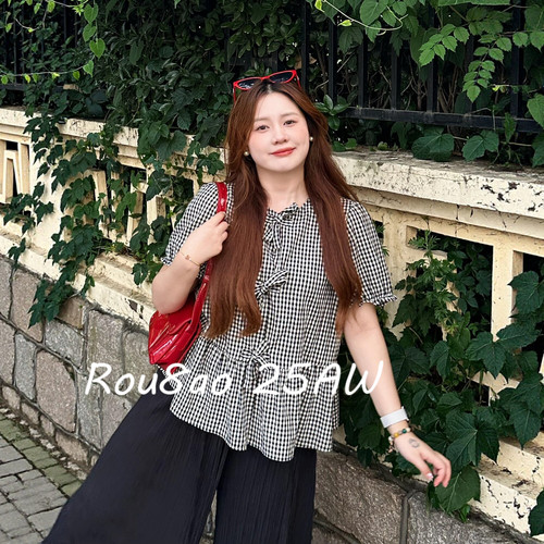 Rou8ao微胖大码女装法式蝴蝶结格子衬衫女2026夏宽松遮肉显瘦上衣