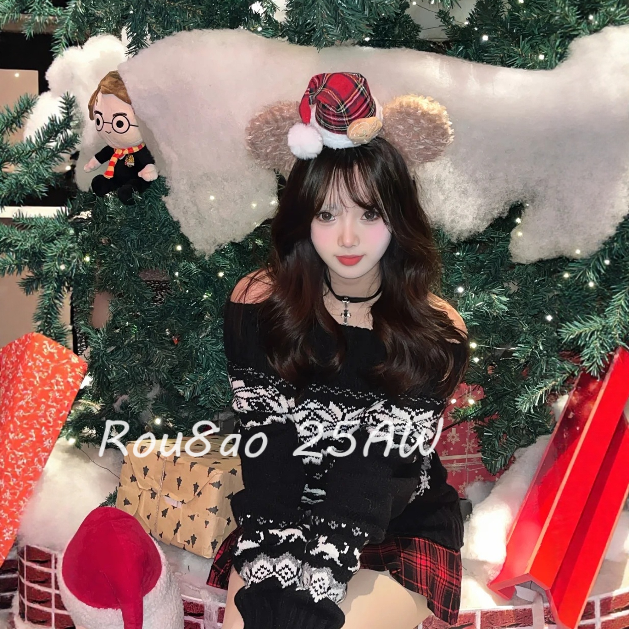 减龄洋气松弛感斜肩黑色针织毛衣