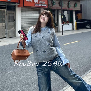 女装 女秋冬叠穿无袖 法式 衬衫 针织马甲两件套 喇叭袖 Rou8ao微胖大码
