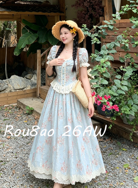 Rou8ao微胖大码女装甜美风蕾丝边方领碎花连衣裙2026夏季时尚长裙