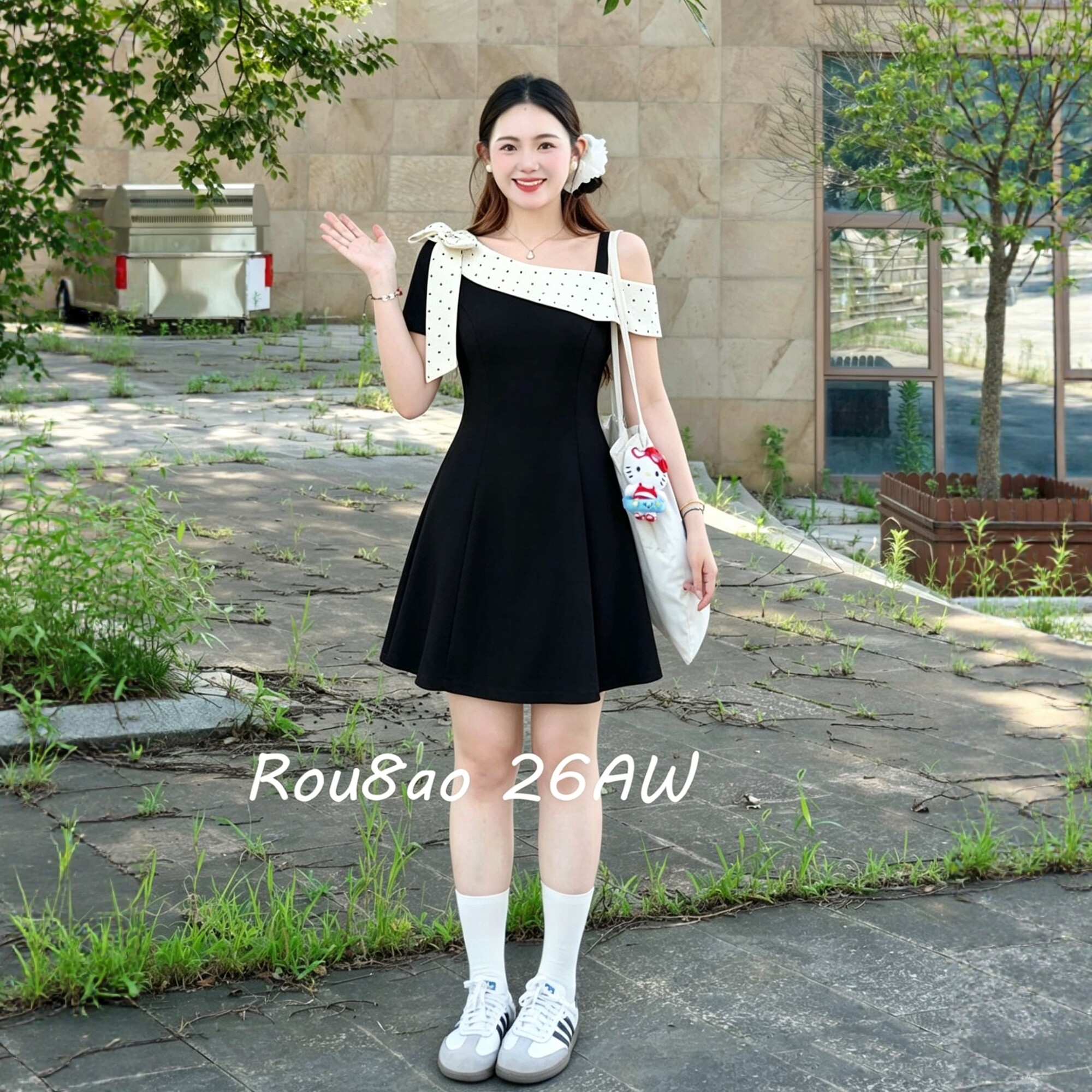 Rou8ao微胖大码女装甜美风斜肩波点蝴蝶结连衣裙夏上新时尚裙子