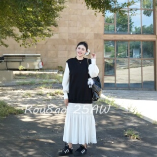 Rou8ao微胖大码女装法式假两件拼接连衣裙女2026春显瘦高级感长裙