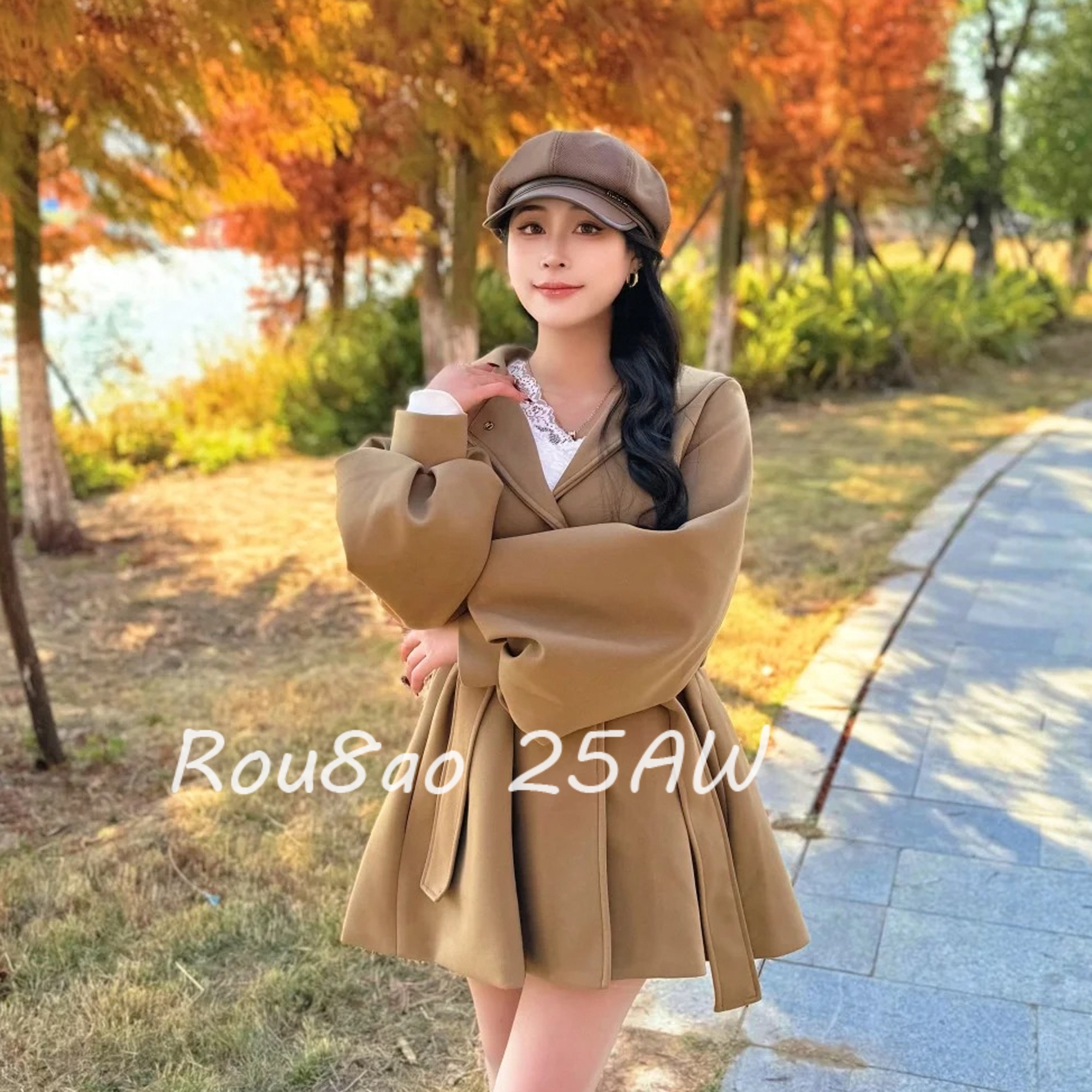 时尚灯笼袖毛呢外套收腰呢大衣