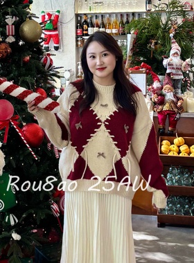 Rou8ao微胖大码女装红色正肩针织衫毛衣微胖mm宽松显瘦美拉德上衣