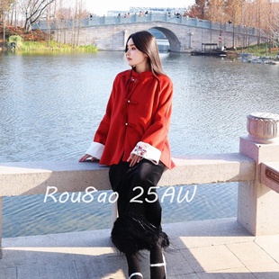 国风套装 新中式 红色圣诞外套显瘦半身裙两件套 女装 Rou8ao微胖大码