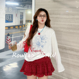 2026夏百合印花宽松白色长袖 韩系防晒罩衫 t恤 女装 Rou8ao微胖大码