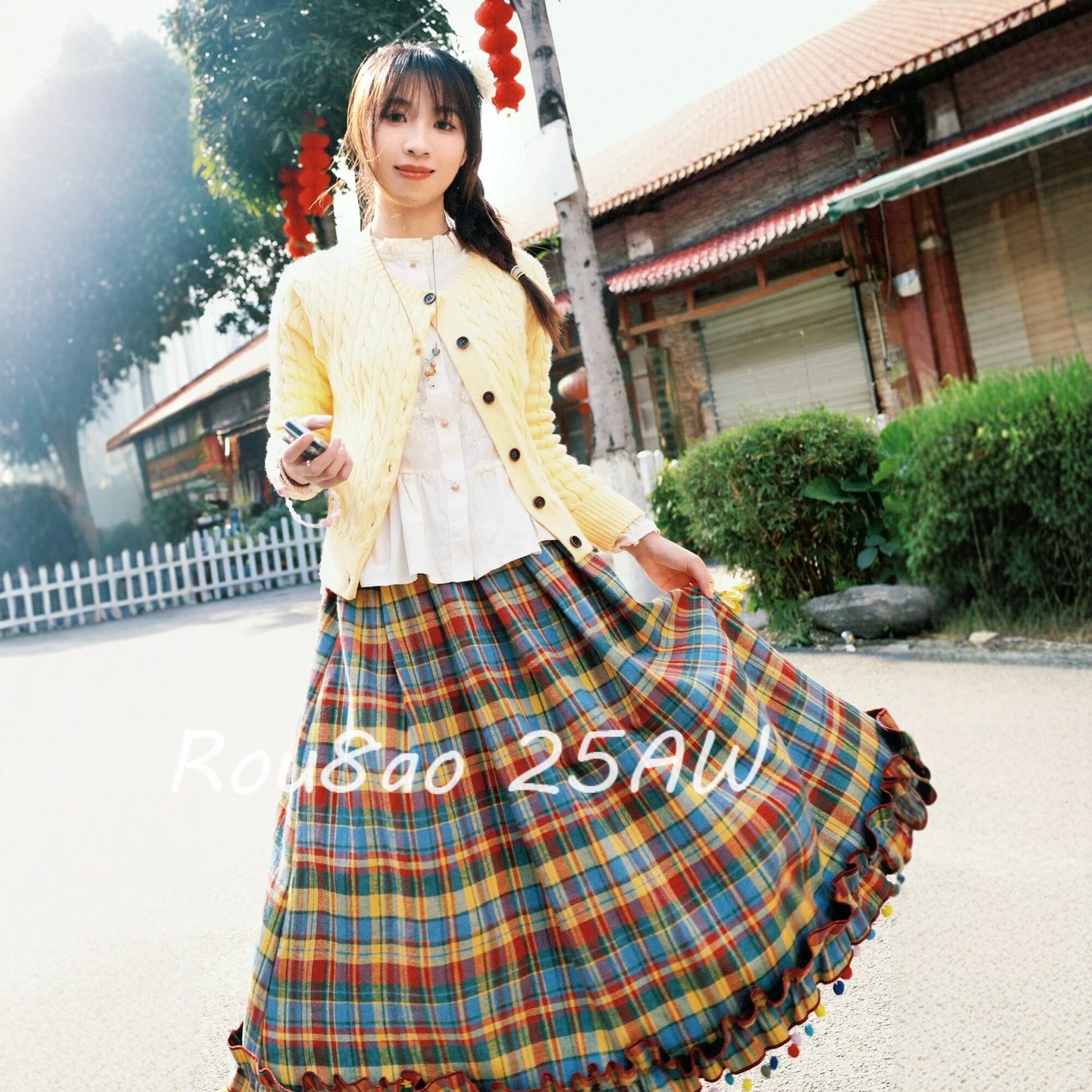Rou8ao微胖大码女装美式复古节日感彩色格子小糖豆花边拼接百褶裙