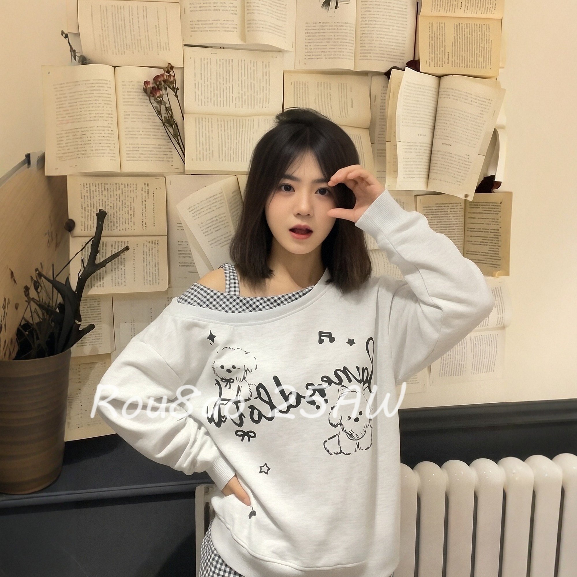 Rou8ao微胖大码女装韩系小狗印花斜肩卫衣女2026春假两件宽松上衣,女装/女士精品,大码内搭,淘宝优惠券,粉丝福利购,淘宝优惠卷