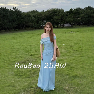 Rou8ao微胖大码 法式 一字领收腰褶皱连衣裙2026夏季 显瘦裙子 女装