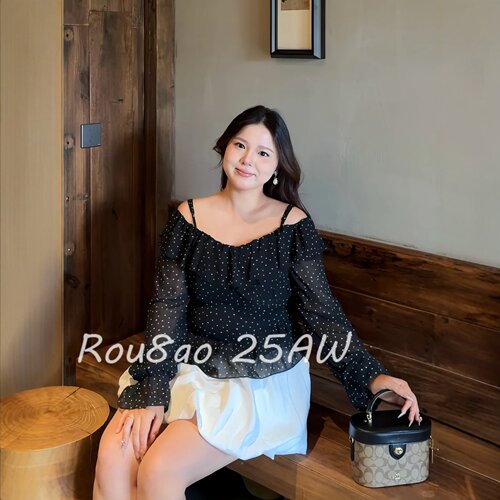 Rou8ao微胖大码女装法式波点一字肩荷叶边衬衫女2026春款显瘦上衣