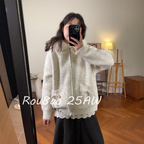 Rou8ao微胖大码女装韩版设计感毛领拉链外套秋冬气质宽松针织开衫