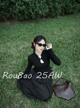 Rou8ao微胖大码女装国风中式黑色盘扣连衣裙女长袖收腰显瘦气质裙