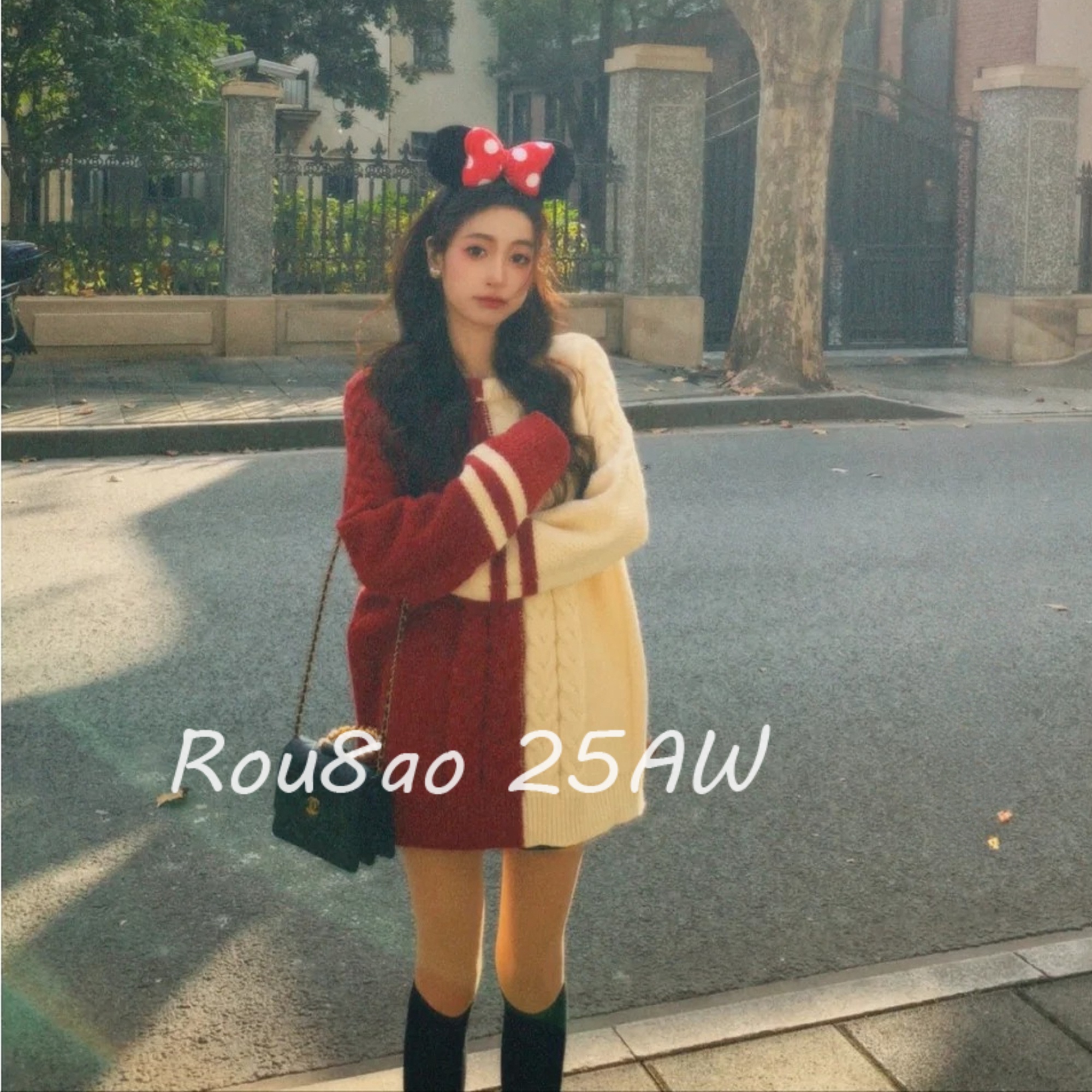 Rou8ao微胖大码女装学院风拼色针织衫宽松显瘦百搭毛衣慵懒风上衣