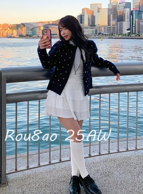 Rou8ao微胖大码女装韩系穿搭波点藏青色毛衣外套温柔软糯针织开衫