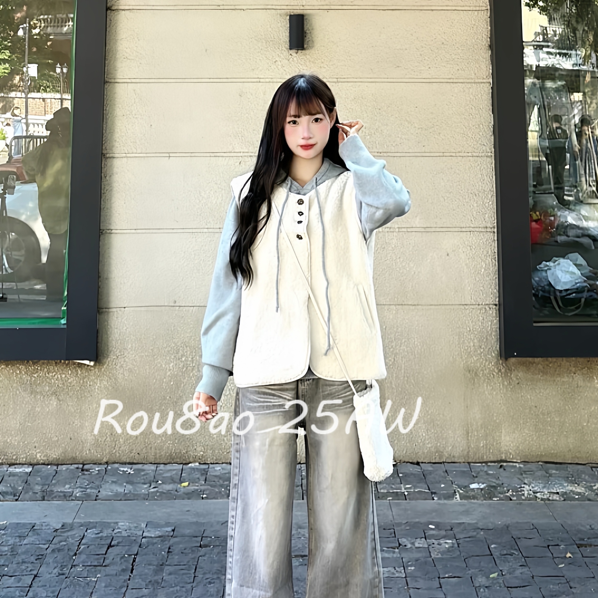 韩系羊羔绒马甲加绒卫衣套装