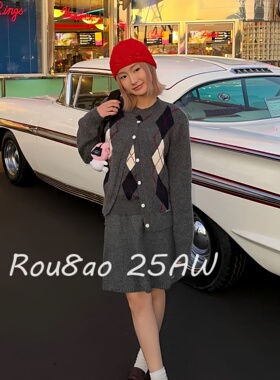 Rou8ao微胖大码女装韩系复古菱格纹针织开衫毛衣背心半身裙三件套