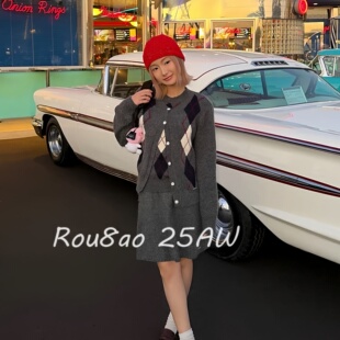 毛衣背心半身裙三件套 韩系复古菱格纹针织开衫 Rou8ao微胖大码 女装