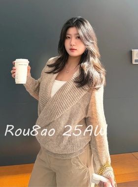 Rou8ao微胖大码女装慵懒风高级感翻领V领交叉针织开衫宽松外套