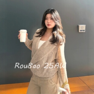 宽松外套 慵懒风高级感翻领V领交叉针织开衫 Rou8ao微胖大码 女装