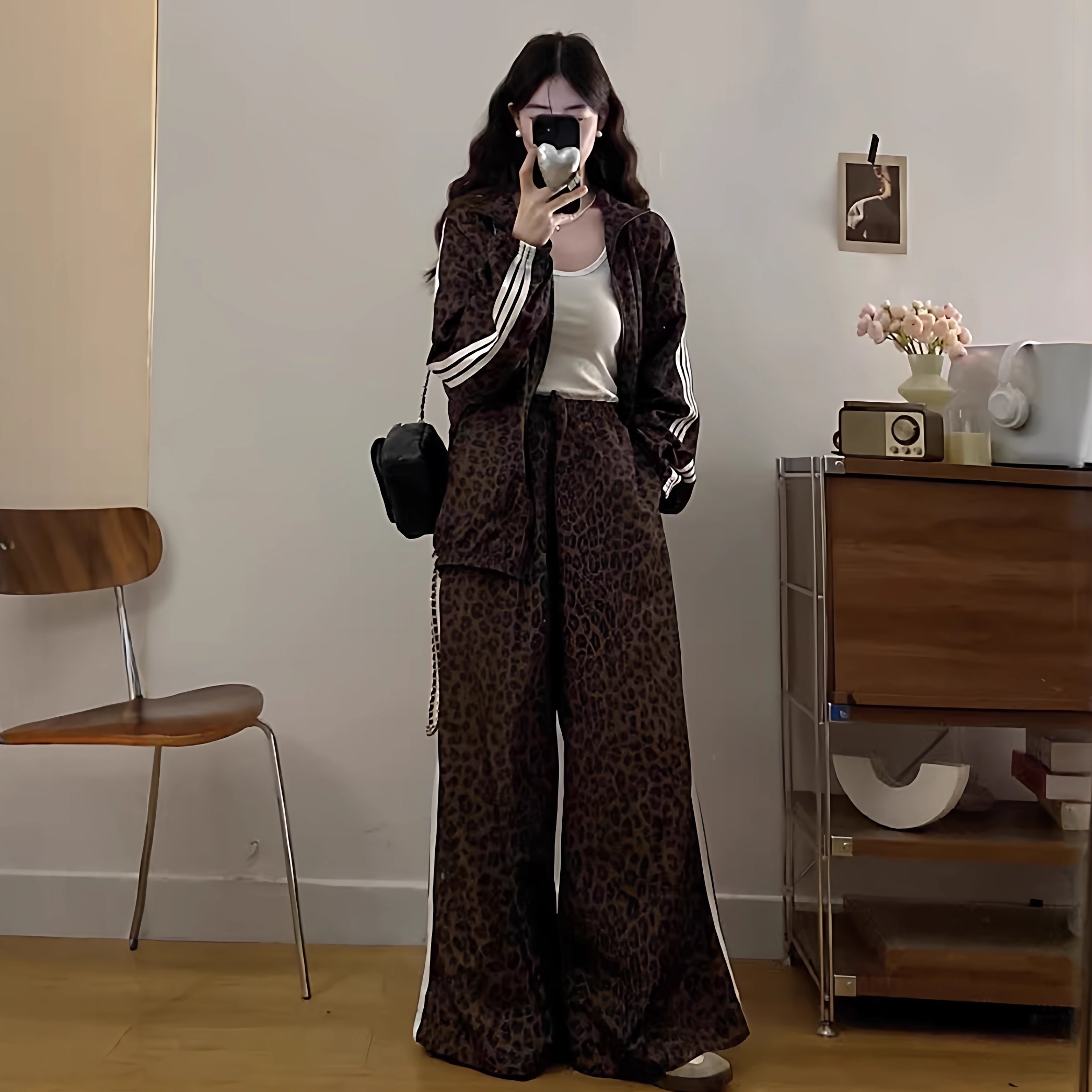 大码微胖MM豹纹运动风卫衣套装