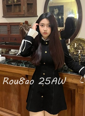Rou8ao微胖大码女装法式赫本风富家千金连衣裙秋季气质黑色a字裙