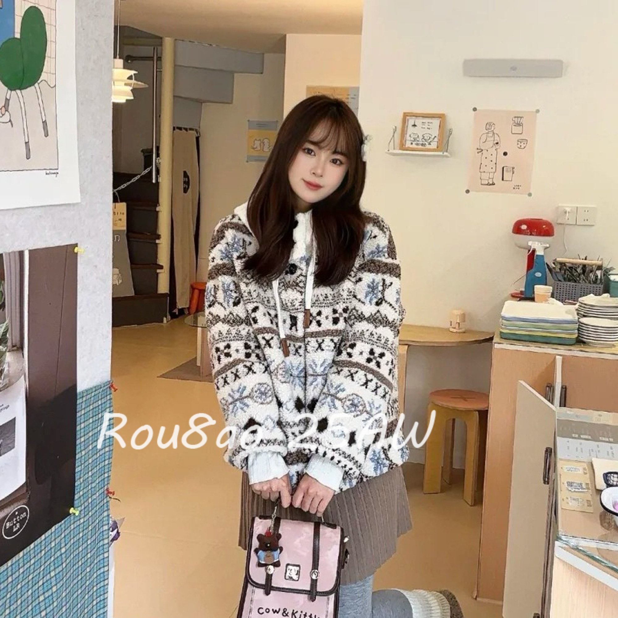 Rou8ao微胖大码女装费尔岛羊羔毛秋冬减龄毛领长袖保暖毛绒绒外套