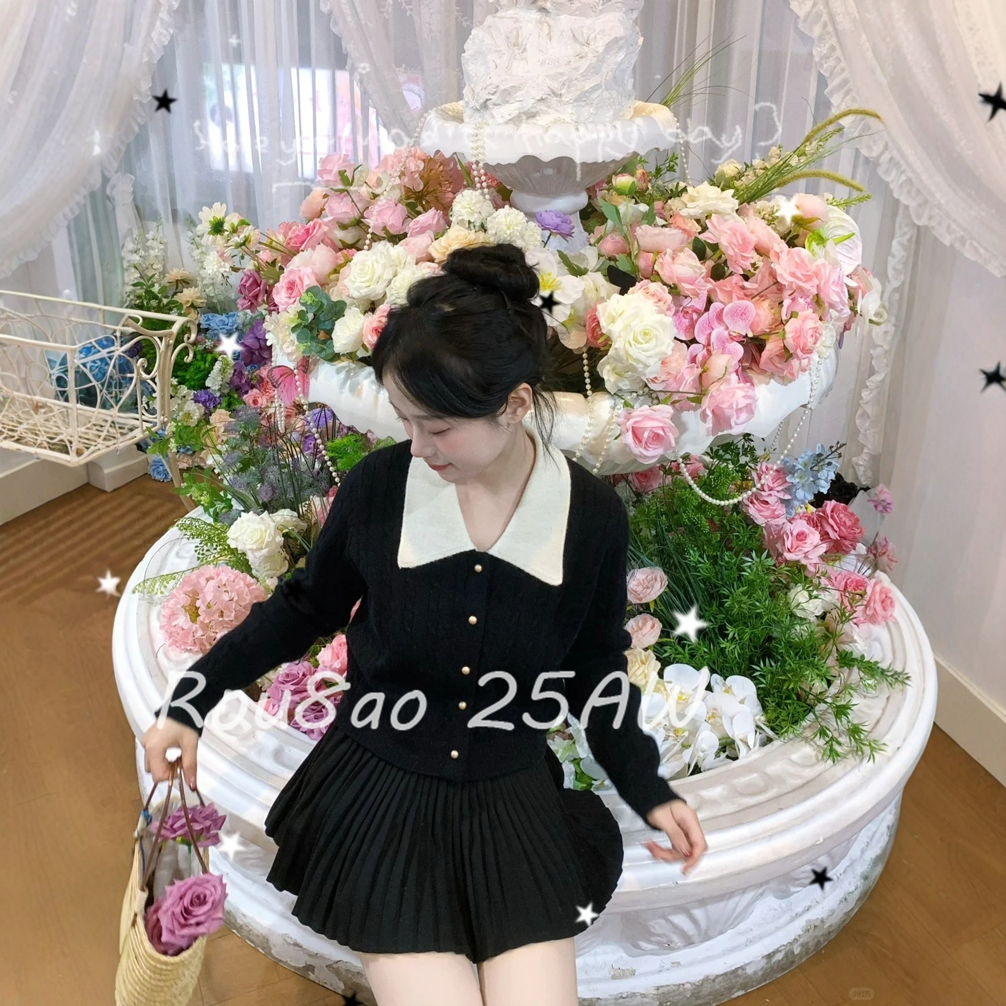 Rou8ao微胖大码女装学院风撞色polo领长袖针织衫女娃娃领显瘦上衣