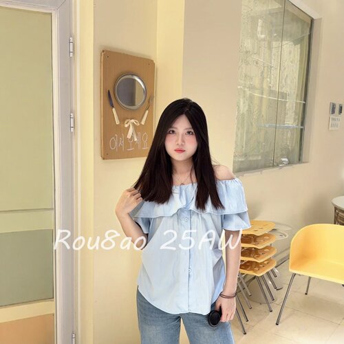 Rou8ao微胖大码女装法式一字肩衬衫女2026夏季显瘦高级感减龄上衣