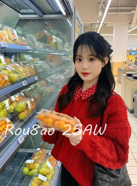 Rou8ao微胖大码女装红色波点假两件Polo领针织毛衣遮肚显瘦上衣
