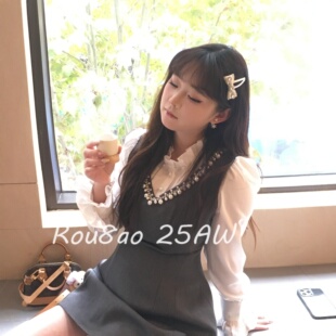 钉珍珠连衣裙胖妹妹假两件泡泡袖 法式 高腰短裙 女装 Rou8ao微胖大码