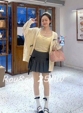 Rou8ao微胖大码女装甜美风蝴蝶结百褶裙灰色半身裙高腰显瘦a字裙