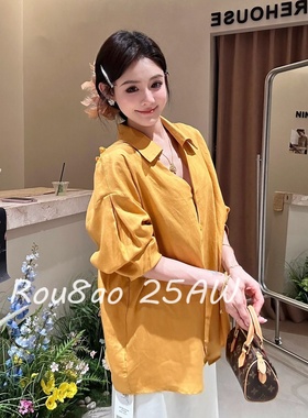 Rou8ao微胖大码女装韩系Polo领黄色露背长袖衬衫宽松显瘦洋气上衣