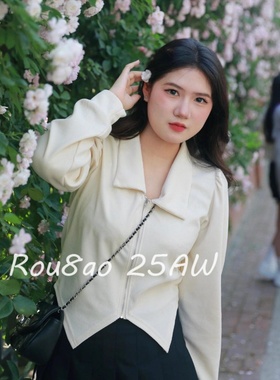 Rou8ao微胖大码女装华夫格纯欲小衫显瘦不规则拉链设计感翻领上衣