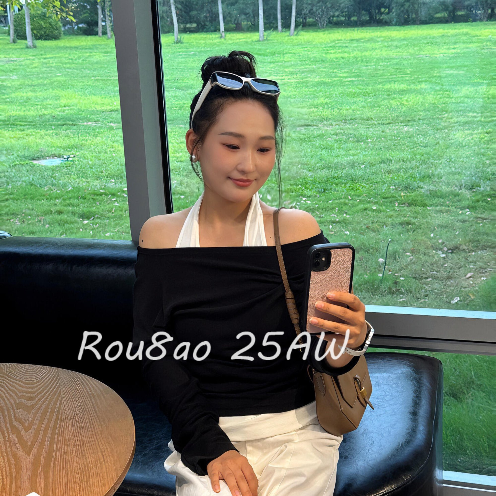 Rou8ao微胖大码女装假两件一字肩长袖T恤女辣妹收腰显瘦挂脖上衣