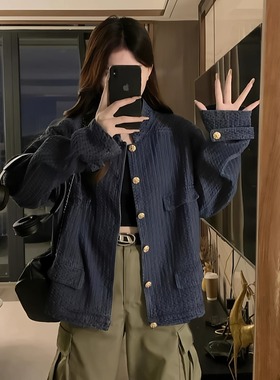 大码微胖MM定制复古港味蓝色小香风牛仔外套女秋冬气质上衣显瘦