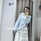 浅蓝色蕾丝蝴蝶结衬衫 Rou8ao微胖大码 女装 胖mm显瘦洋气高级感上衣