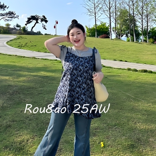 上衣叠穿碎花吊带两件套 温柔风2026夏胖mm短袖 Rou8ao微胖大码 女装