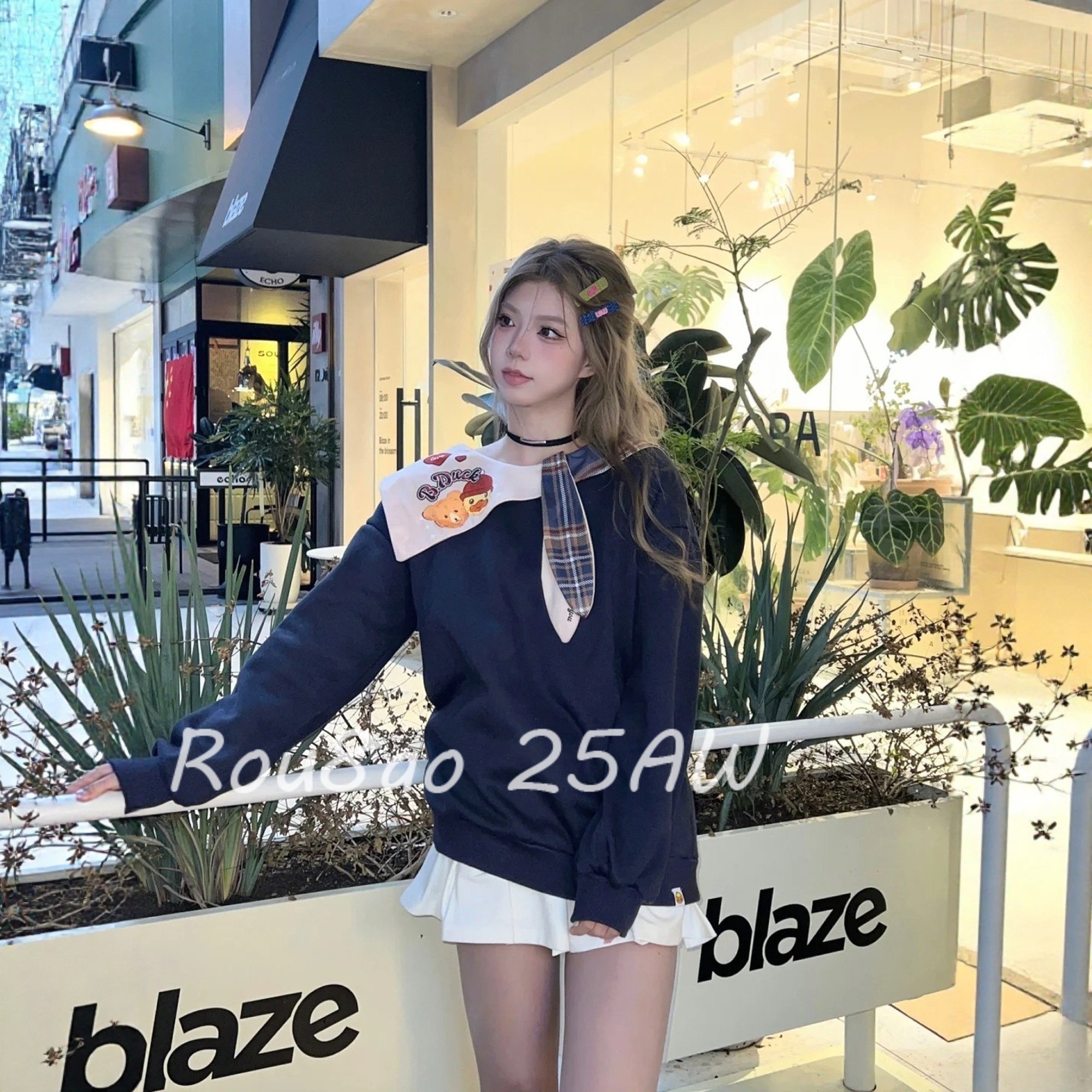 Rou8ao微胖大码女装学院风蝴蝶结领带卫衣女2026春装宽松减龄上衣,女装/女士精品,大码内搭,淘宝优惠券,粉丝福利购,淘宝优惠卷