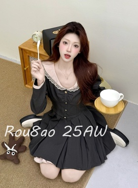 Rou8ao微胖大码女装灰色复古法式赫本风气质显瘦海军领收腰连衣裙
