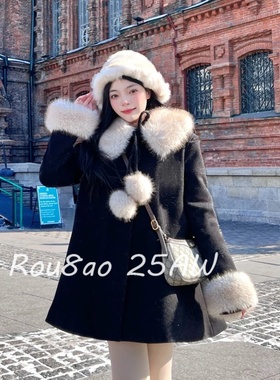 Rou8ao微胖大码女装黑色短款毛呢外套女秋冬高级感斗篷呢子大衣