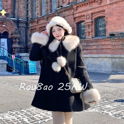 黑色短款毛呢外套女秋冬千金穿搭