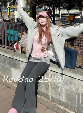 Rou8ao微胖大码女装韩系设计感外套2025秋季新款灰色宽松连帽卫衣