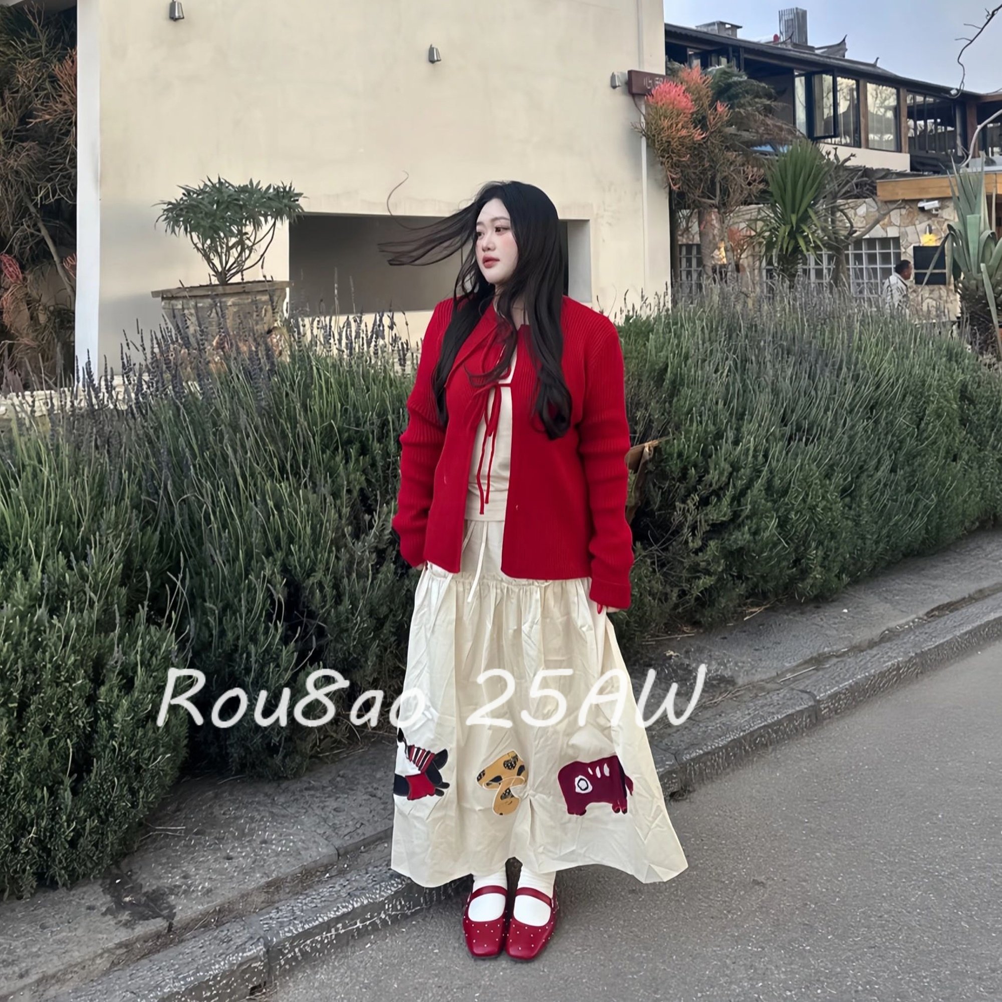 Rou8ao微胖大码女装绑带针织开衫外套女贴布绣花半身裙打底衫套装