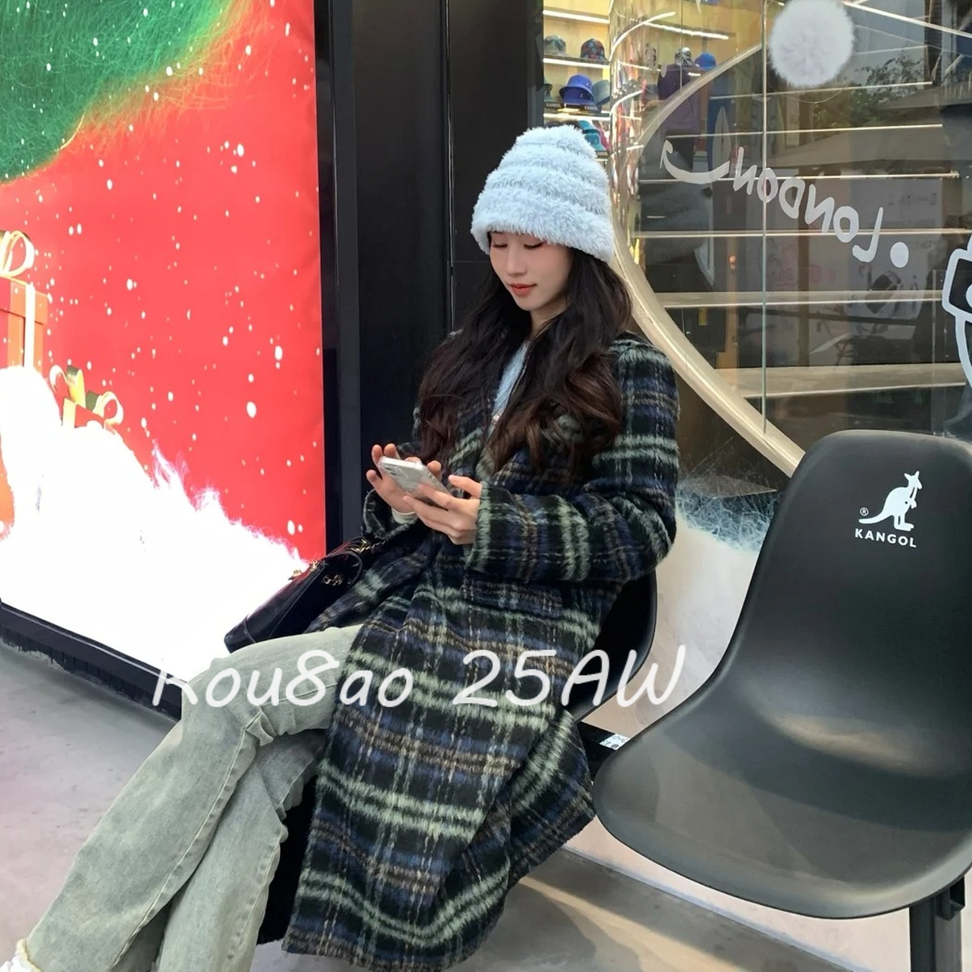 大码女装韩版格纹设计感毛呢大衣